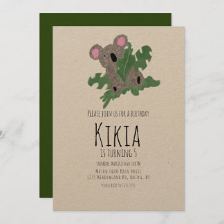 Koala Hand Drawn Animal Green Birthday Party Einladung