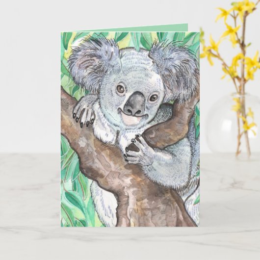 Koala in Eukalyptus Tree Painting Karte (Gelbe Blume)