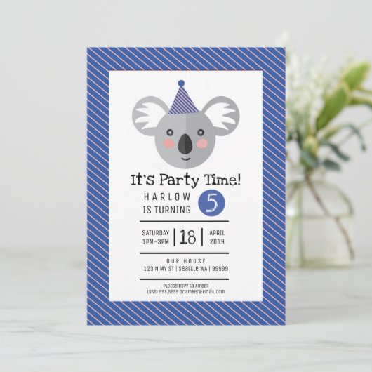 Koala Kindergeburtstag Party Einladung (Stehend Vorderseite)
