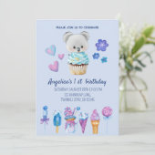 Koala Kuchen Eiscreme Blaue Wasserfarbe 1. Geburts Einladung (Stehend Vorderseite)