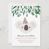 Koala mit rosa Party Hat Geburtstag Einladung (Vorderseite)