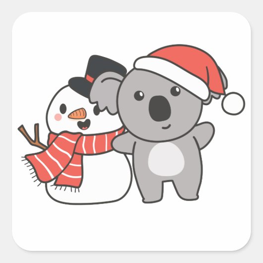Koala mit Schneemann im Winter für den Weihnachtsp Quadratischer Aufkleber (Vorderseite)