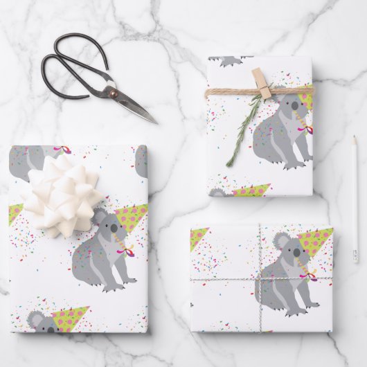Koala Partying - Tiere mit Party Geschenkpapier Set (Vorderseite)