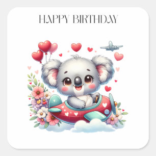 Koala-Pilot-Geburtstag Quadratischer Aufkleber