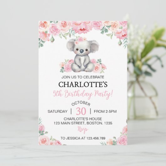 Koala Pink Floral Greenery Girl Birthday Party Einladung (Stehend Vorderseite)