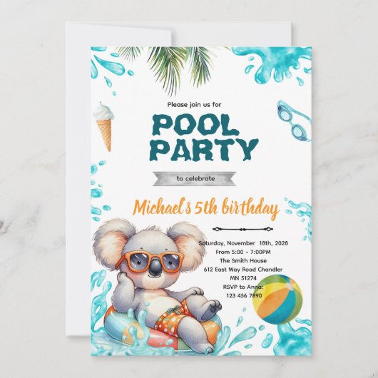 Koala Pool Party Birthday Invitation Einladung (Vorderseite)