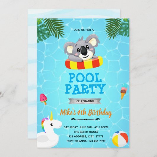 Koala Pool Party Einladung (Vorne/Hinten)
