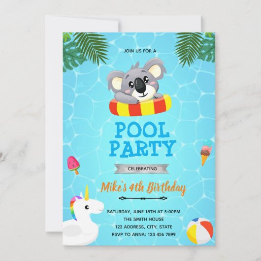 Koala-Poolparty-Einladung Einladung (Vorderseite)