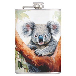 Koala sitzt in einem Eukalyptusbaum Flachmann