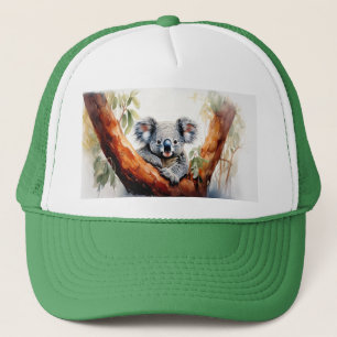 Koala sitzt in einem Kaugummi Truckerkappe