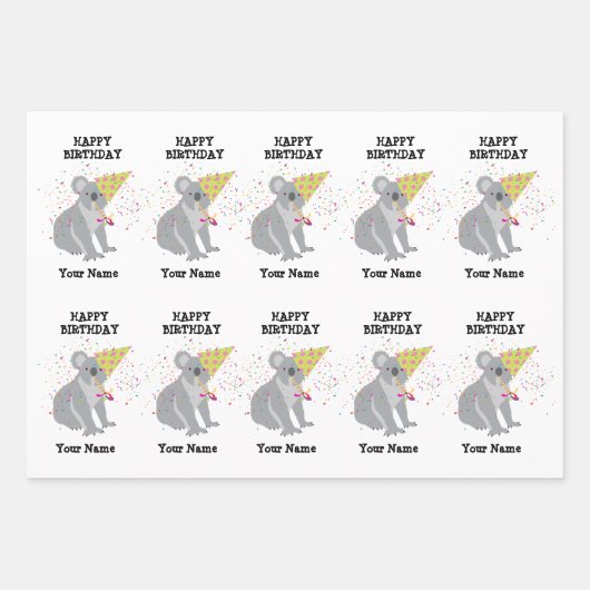 Koala - Tiere mit einem Party Jungen Mädchen Name Geschenkpapier Set (Vorderseite)