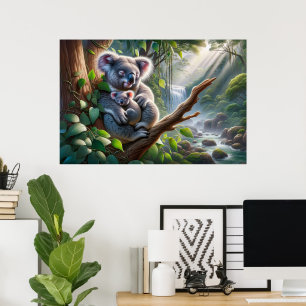 Koala und Baby Joey in einer Baummalerei Poster