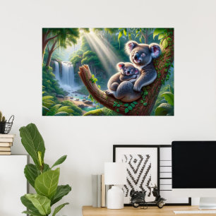 Koala und Baby Joey in einer Baummalerei Poster