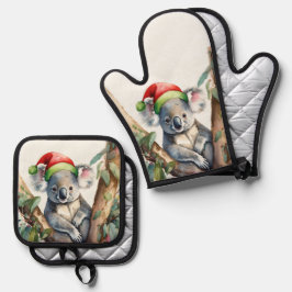 Koala-Weihnachtsmannmütze sitzt in einem Gummibaum Ofenhandschuh & Topflappen-Set
