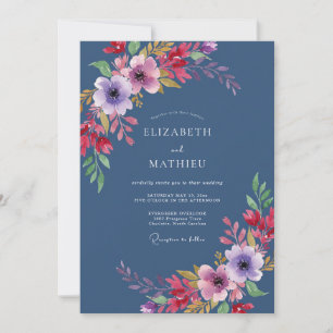 Kobalt-Amethyst-Blatt-Hochzeit Einladung