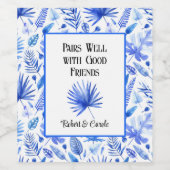 Kobalt Blau auf weißem tropischem Muster, Palmblät Weinetikett (Einzelnes Label)