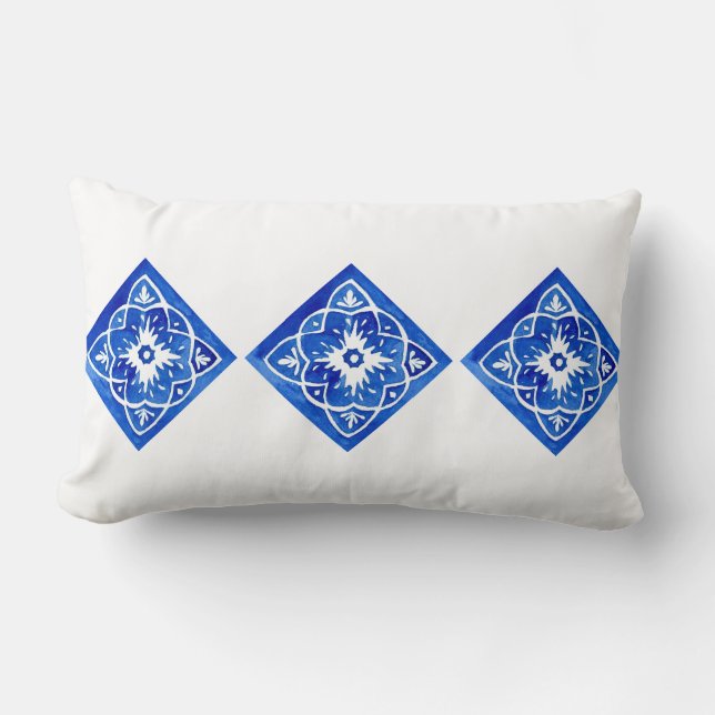 Kobalt Blau-Weiß-Mittelmeer Tile Lumbar Lendenkissen (Vorderseite)