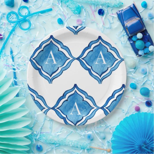 Kobalt-Blauer Tile-Monogramm Pappteller (Party)