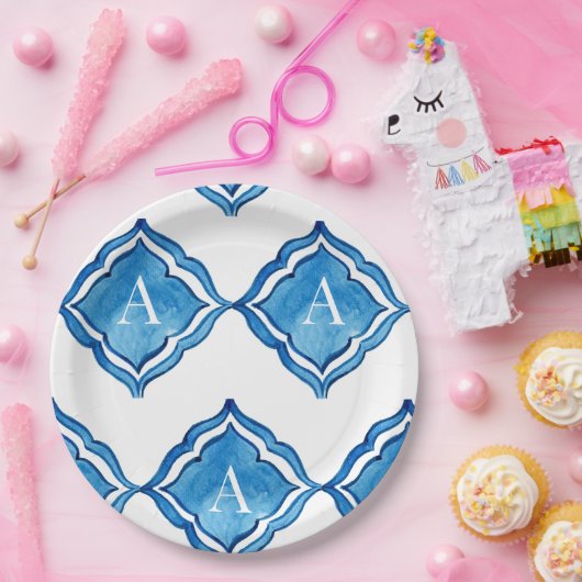 Kobalt-Blauer Tile-Monogramm Pappteller (Party)