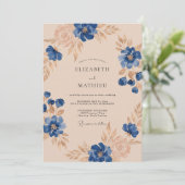 Kobalt Champagner Blatt Hochzeit Einladung (Stehend Vorderseite)