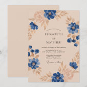 Kobalt Champagner Blatt Hochzeit Einladung (Vorne/Hinten)