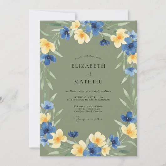 Kobalt-Ocker-Wildblumen-Hochzeit Einladung (Vorderseite)