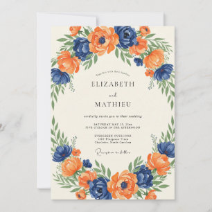 Kobalt-Tangerine-Blüten-Hochzeit Einladung