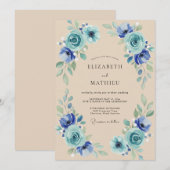 Kobalt Türkis Blütenblatt Hochzeit Einladung (Vorne/Hinten)