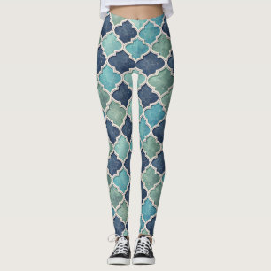 Kobalt und Türkis Vierblatt - Mediterranes Mosaik Leggings
