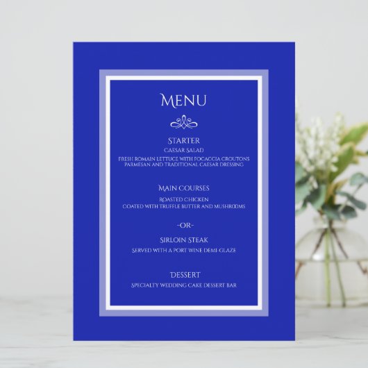Kobaltblau anpassbare Hochzeitsmenü Menükarte (Stehend Vorderseite)