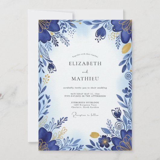Kobaltblau Brillante Botanische Hochzeit Einladung (Vorderseite)