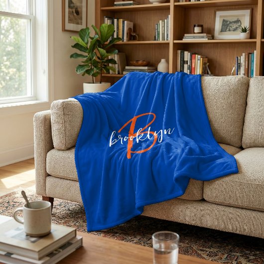 Kobaltblau Orange Weiß Skript Monogramm Name Fleecedecke