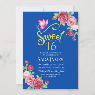 Kobaltblau und rosa florale Sweet 16 Geburtstagsfe Einladung