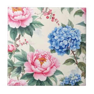 Kobaltblaue Hortensie und Pfingstrose Botanisch Fliese