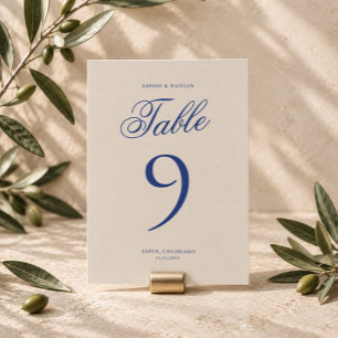 Kobaltblaue Kalligrafie-Hochzeitstisch-Nummer Einladung