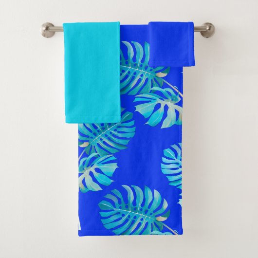 Kobaltblaue Monstera Brise Badhandtuch Set (Insitu)