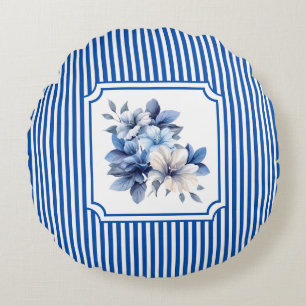 Kobaltblaue Ticking-Streifen-Blume Rundes Kissen
