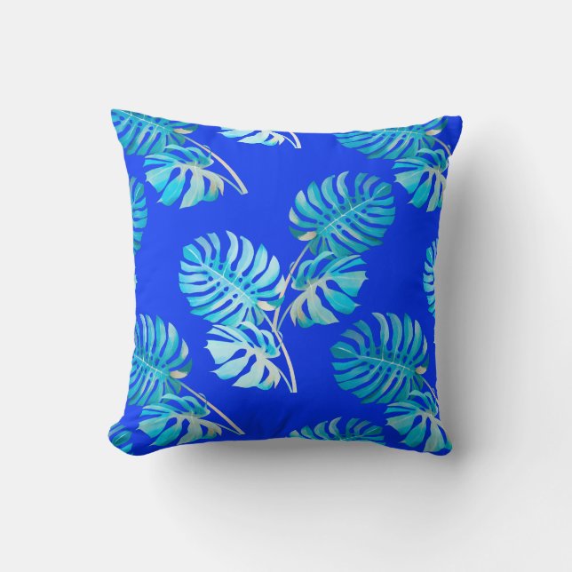 Kobaltblauer Monstera-Windhauch Kissen (Vorderseite)