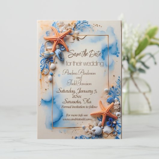 Kobaltblauer Strandhochzeit Save The Date (Stehend Vorderseite)