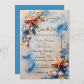 Kobaltblauer Strandhochzeit Save The Date (Vorne/Hinten)