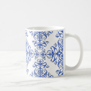 Kobaltblaues und weißes florales Damaststil-Muster Kaffeetasse