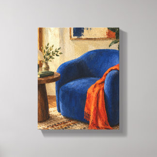 Kobaltstuhl und Kaki-Schal Cozy Interior Can Leinwanddruck