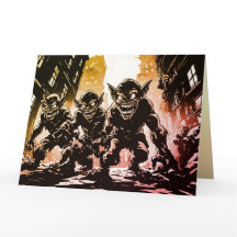 Kobold-Dämonen verwüstete Stadt Retro-50er-Grafiks