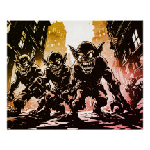 Kobold-Dämonen verwüstete Stadt Retro-50er-Grafiks