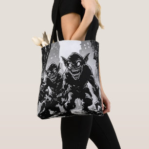 Kobold-Dämonen verwüstete Stadt Retro-50er-Grafiks Tasche