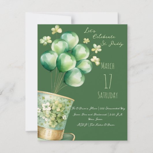 Kobold mit Balloons und Kleeblättern Einladung (Vorderseite)