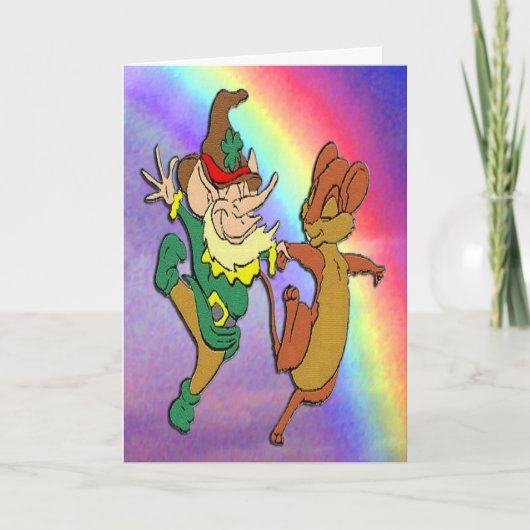 Kobold und Maus tanzen mit Regenbogen Karte (Vorderseite)