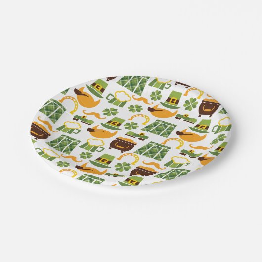 Kobolde, Kleeblätter, Gold, Hufeisenmuster Pappteller (Schrägansicht)