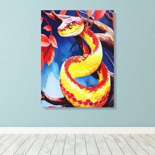 Kobra mit lebendiger rot-gelber Waage in Baumkrone Leinwanddruck (Insitu (Holzboden))
