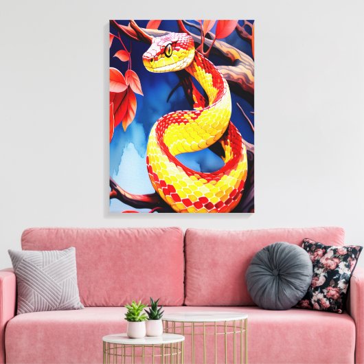 Kobra mit lebendiger rot-gelber Waage in Baumkrone Leinwanddruck (Insitu (Wohnzimmer))